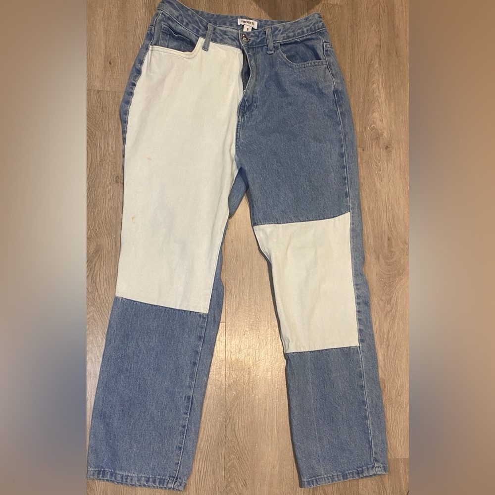 Blue white patches of white baggy jeans